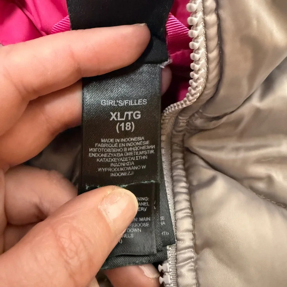 The North Face Girls XL 18 Silver Down Puffer Jacket Hooded Pink Lined 550‎ Fill
